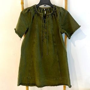 Free People Olive Green Denim Dress With Pockets
